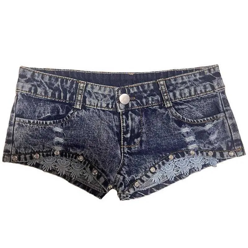 Kvinnors shorts sexig mager jean denim shorts kvinnor ljus diamant spets ultra-låg stigning heta byxor nattklubb heta tjejer rippade shorts y240425