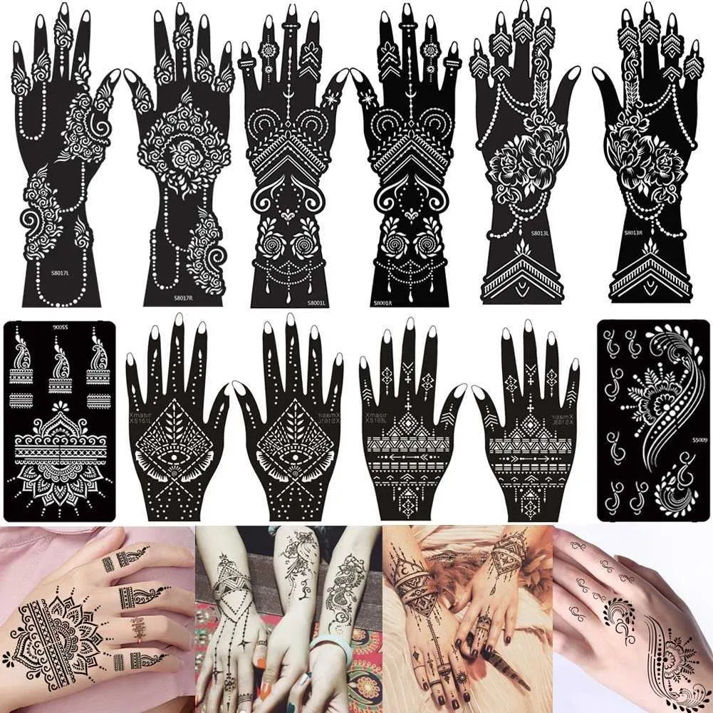 Tatueringsöverföring 12 ark tillfällig tatuering stencil henna tatuering klistermärken kit hand arm airbrush tatuering mall för diy kroppskonst klistermärke 240427