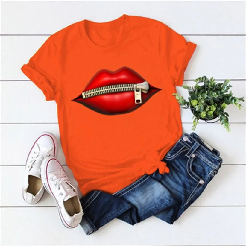 Womens Zipper Lips T-shirts Summer Fashion Trend Plus Size Round Neck Tees Tops Designer Male Short Sleeve Casual Loose Tshirt App3018