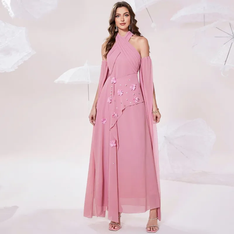 Ethnic Clothing Pink A Line Caftan Evening Dresses Long Cape Beads 3D Flower Halterneck Dubai Arabic Women Formal Prom Gowns Sexy Cocktail