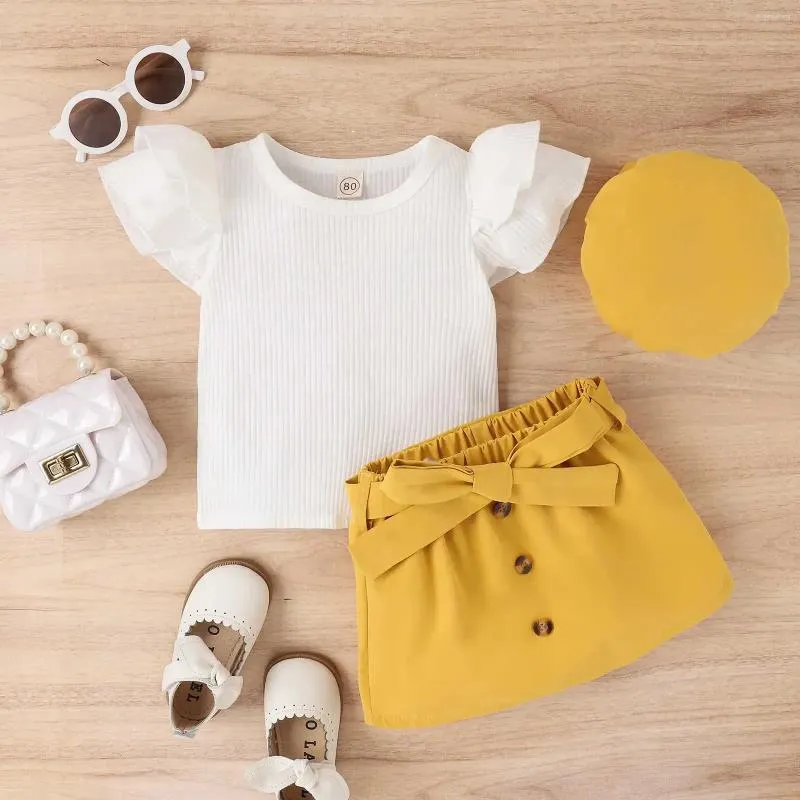 Giyim Setleri Toddler Bebek Kız Yaz Pamuk Kısa Kollu Üstler Düğmesi Bağlayıcı Şeker Renk Etek Bere 3 PCS Bebek Kıyafetleri 9m-6t