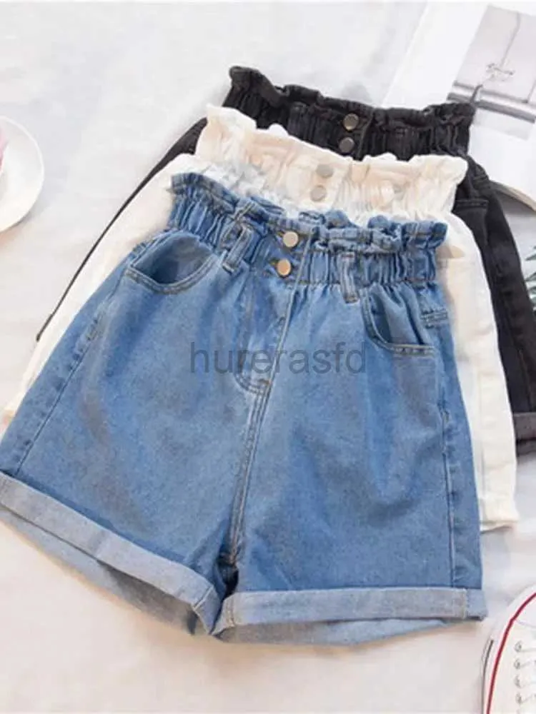 Shorts pour femmes classiques couleurs solides extension stretch haute taille féminine en denim short chic Chic Bouton S-5xl Taille Ruffle Back Trawstring Womens Short Jeans D240426