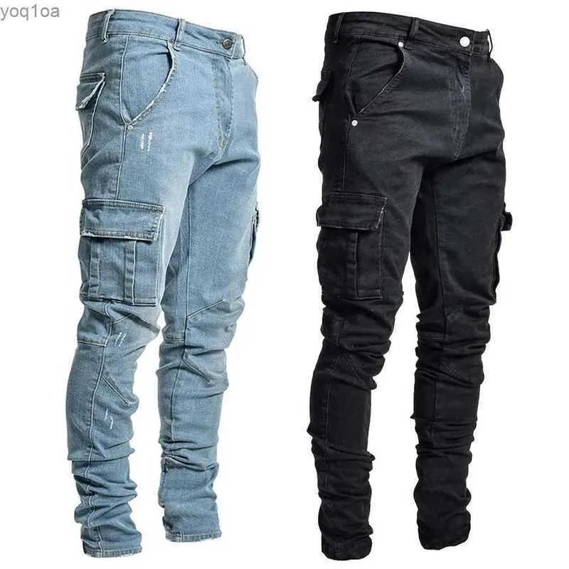 Jeans de jeans de jeans jeans de calça elástica para homens de jeans de jeans lavagem de cor sólida de cor sólida bolsos múltiplos da cintura casual