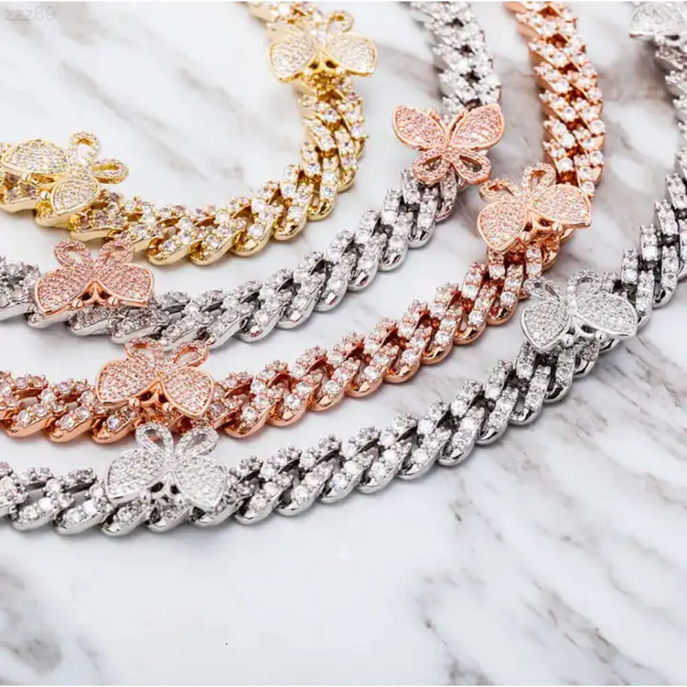 Hip Hop 925 Sterling Silver Rose Gold Plated 8mm Butterfly Chokers Halsband Iced Out Moissanite Cuban Chain