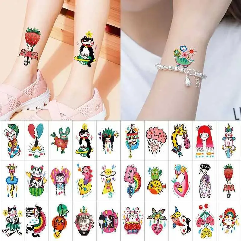 Transfert de tatouage 50pc Small Cartoon Cat Rabbit Tatouage Enfant Autocollants mignons Tatuajes Temporales Anime Kids Tattoo Temporary Imperproof Adesivo 240427