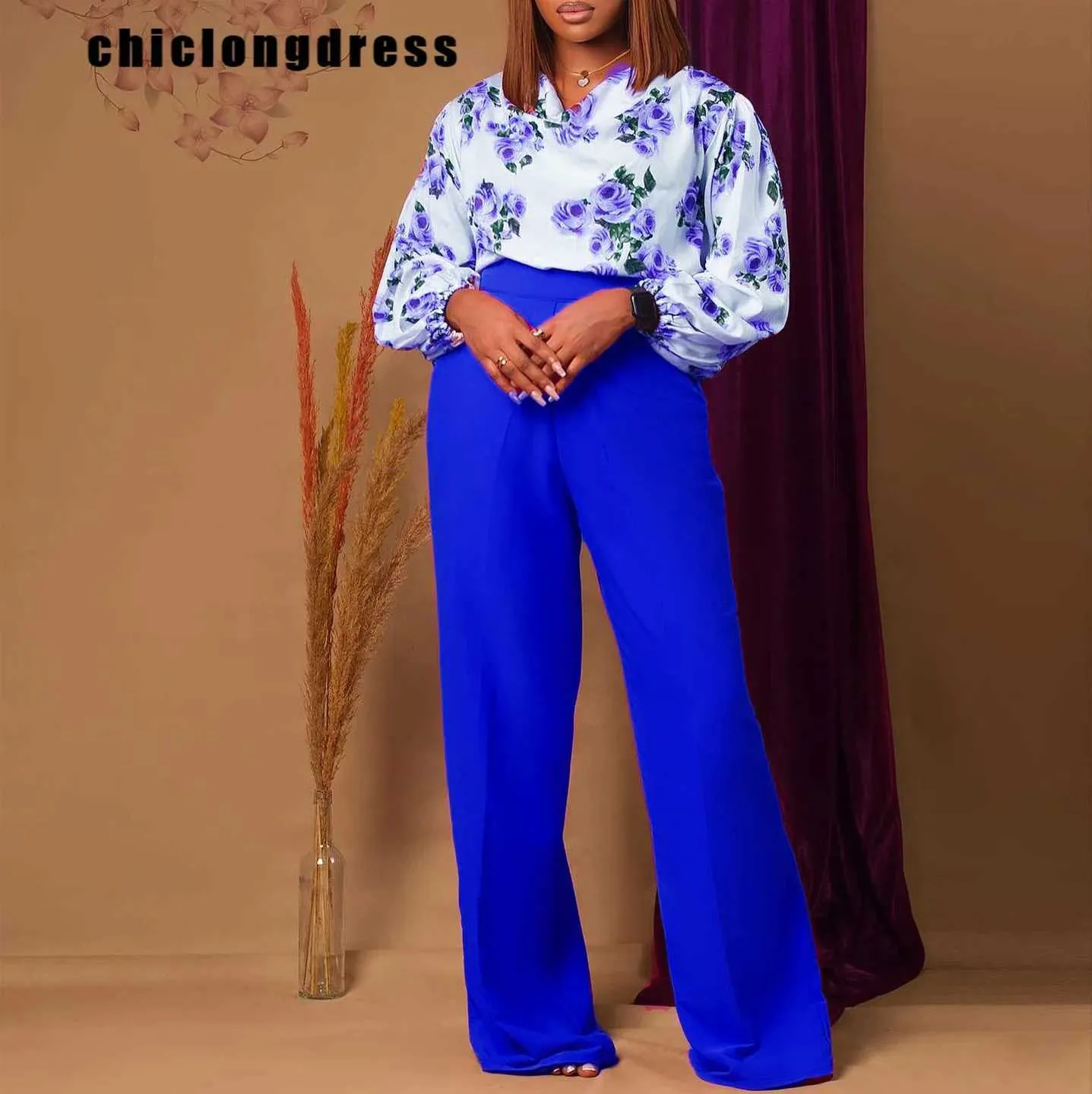 Pantalon de deux pièces pour femmes Pantalon d'automne Fashion Two Piece Set African Women Elegant Ol Fragmented Satin Shirt Pantal