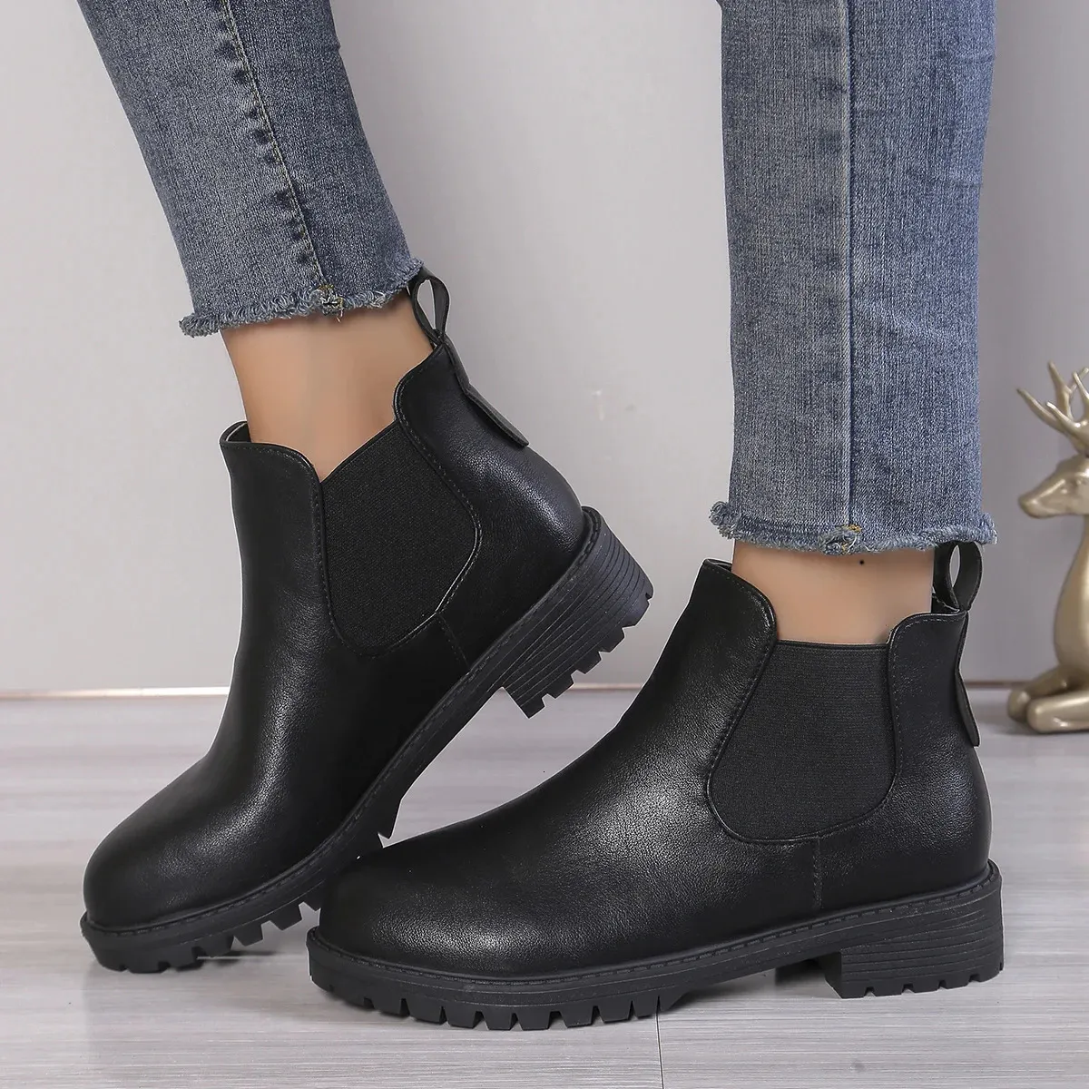 Save Big on Bulk Chelsea Boots Women Leather Black Womens Casual Chelsea  Ankle Boots Round Toes Black PU Leather Short Boots Womens Comfortable Low 
