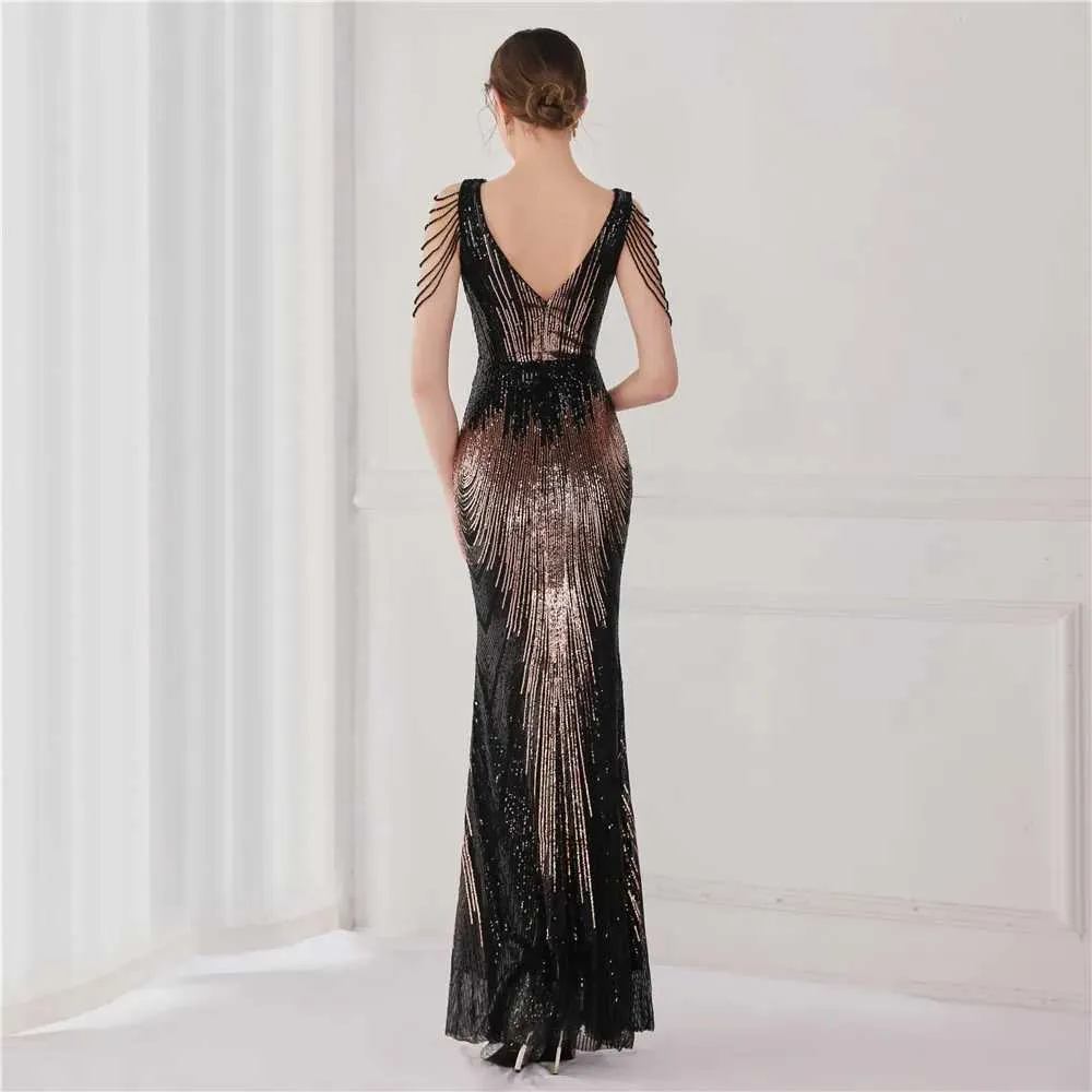 black and gold v neck dress Nyx Gown | Gold Tweed main image 1