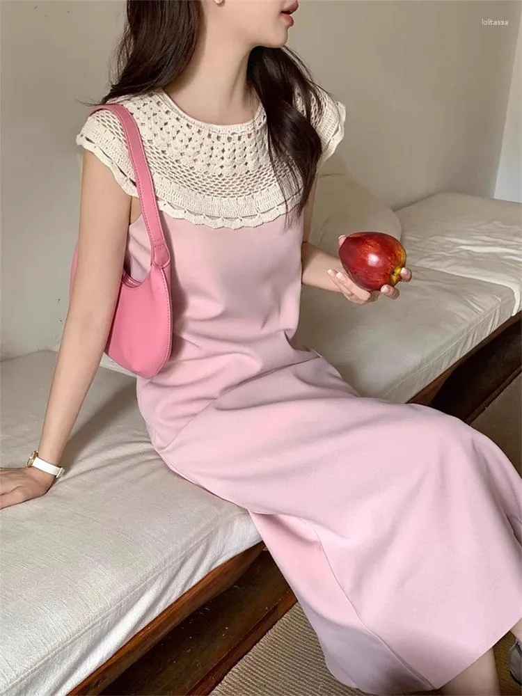 Sukienki swobodne gkyocq koreańskie eleganckie letnie sukienka francuska retro koronkowa koliza kolorowy kolor slim długi różowy kamizelka kobieta