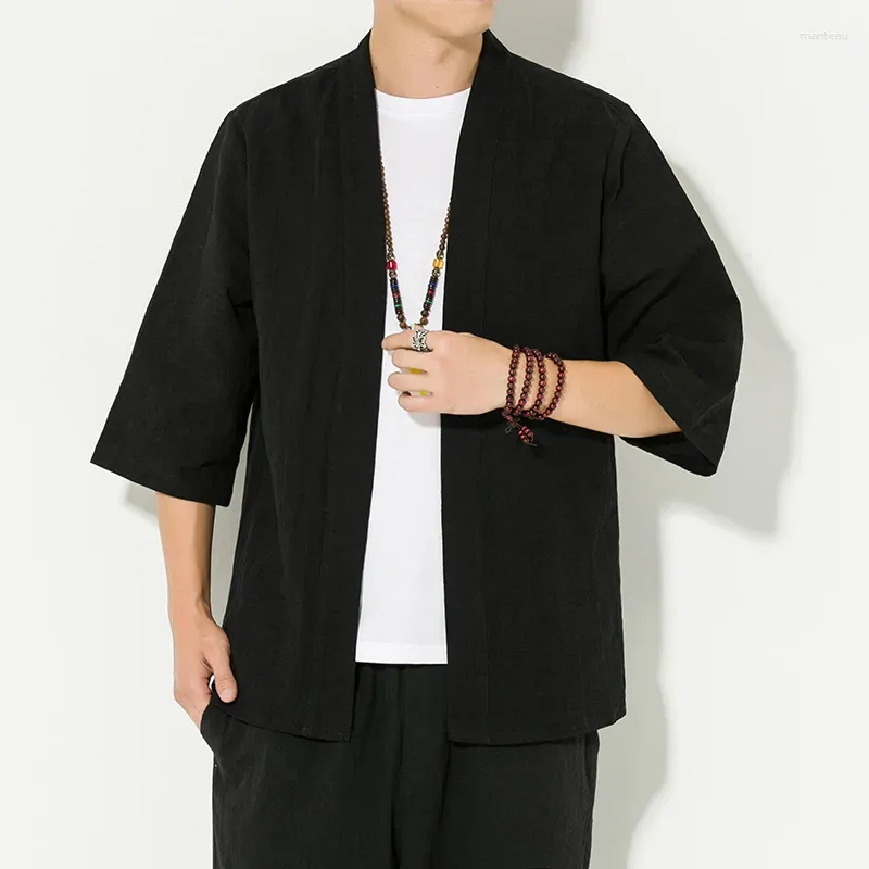 Etniska kläder män bomull Linne Cardigan Japanese Kimono Samurai kostymjacka skjorta Yukata Haori Casual Coat