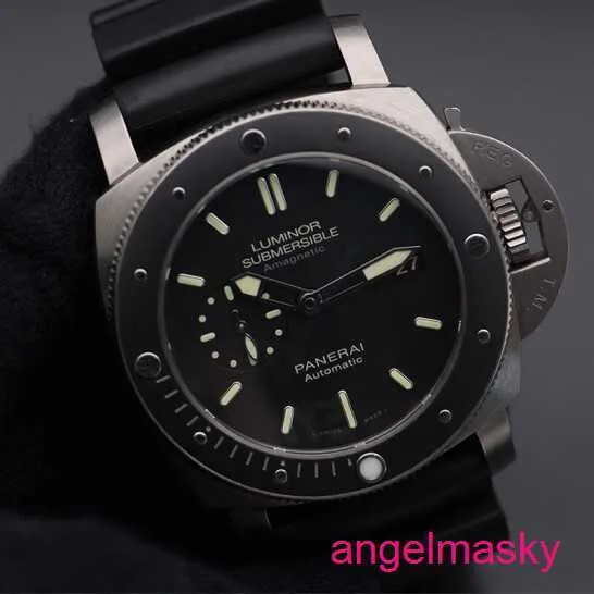 Panerai Male Wrist Watch Submersible Series 44mm Sport Men's Black Glow-In-The Dark Waterproof Rubber Date Display Luxury Watch Black Ring Black Disp Tape PAM00389