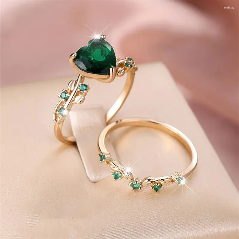 Wedding Rings Royal Blue Green Black Red Stone Heart Ring Sets For Women Rose Gold Color White Zircon Bridal Bands Mothers Day Jewelry