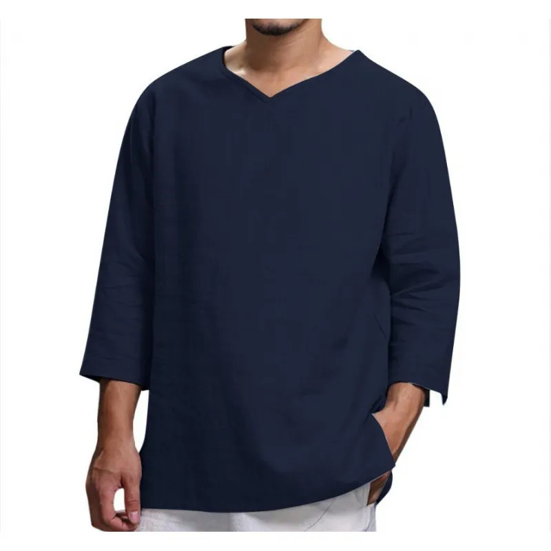 2024 katoenen linnen t-shirt mannen casual v-neck tees lente los 3/4 lange mouw t shirts ademende vaste kleur pullover tops zomer herfst mannelijke nieuwe kleding