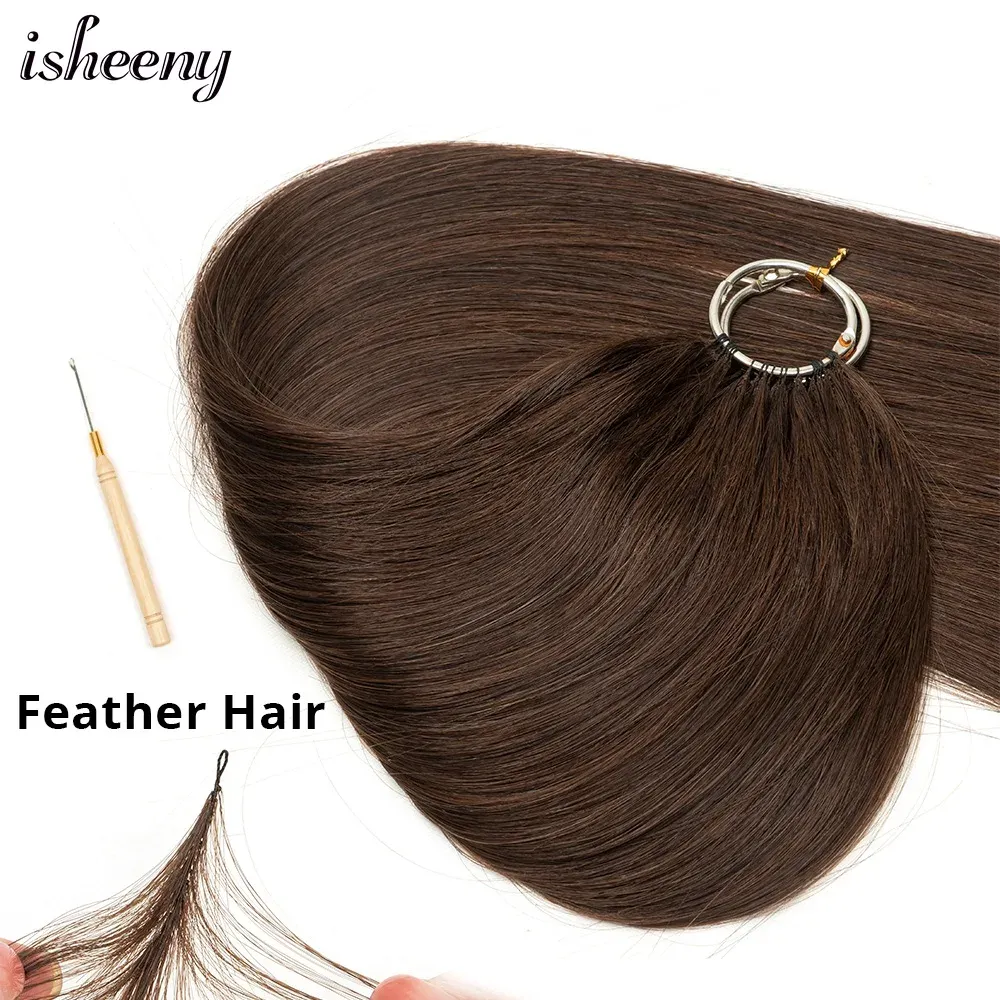 Extensions Isheeny Brown Feather Cheveux humains 16 "24" Extensions de tricot à main Naturel Remy Remy Micro Feather Line Hair 40pcs / Pack