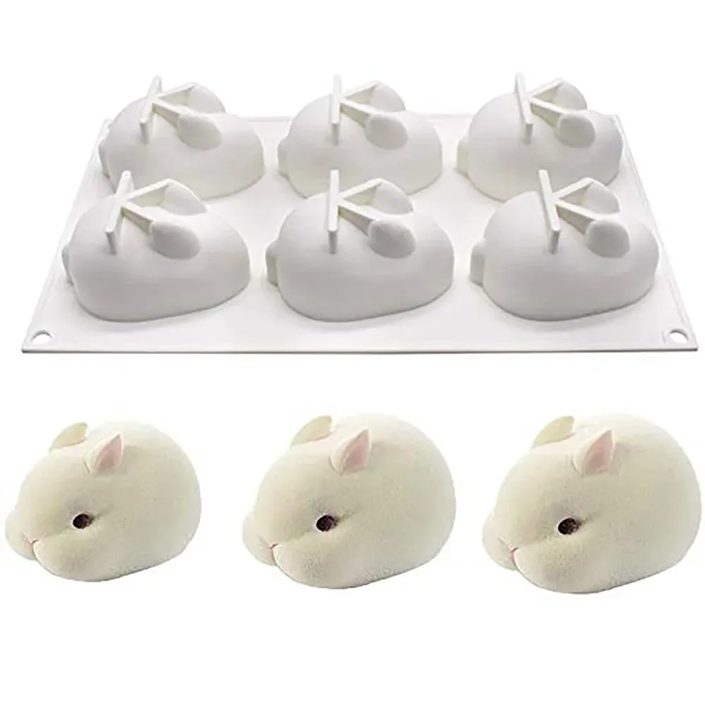 Moldes 3D Bunny Bunny Silicone Mold 6 Cavidade Rabbit Shape Chocolate Pudim