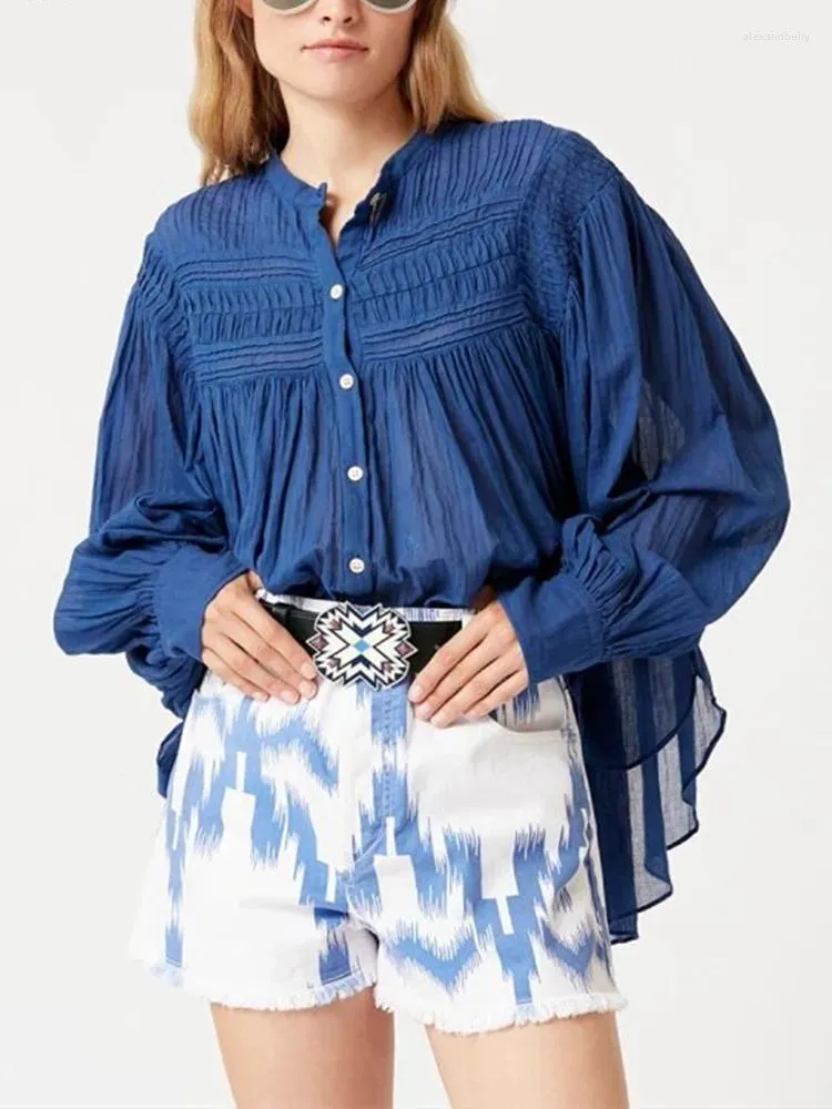 Bluzki damskie Rozluźnij biały lub niebieski pojedynczy piersi samica top z długimi rękawem proste damskie koszule 2024 wiosenne lato