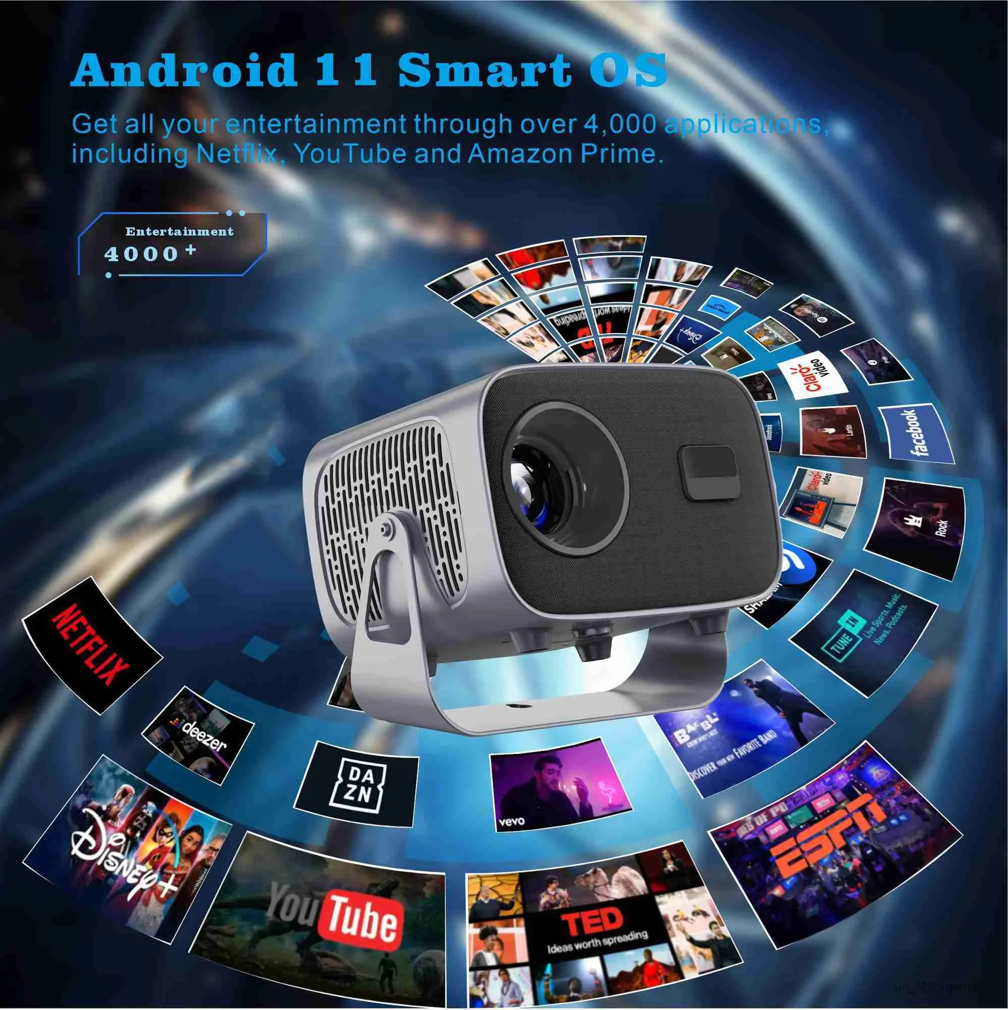 Projecteurs A10 Android 11 Projecteur Mini Home Theatre H713 BT5.2 720p Smart 3D Video Portable Projecteurs Mirror iOS 1080p 4K via HD