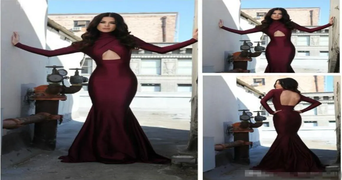 Michael Costello Robes de soirée à manches longues Bourgogne Robes de bal plus taille plus taille Viens de style sirène de noche8032258