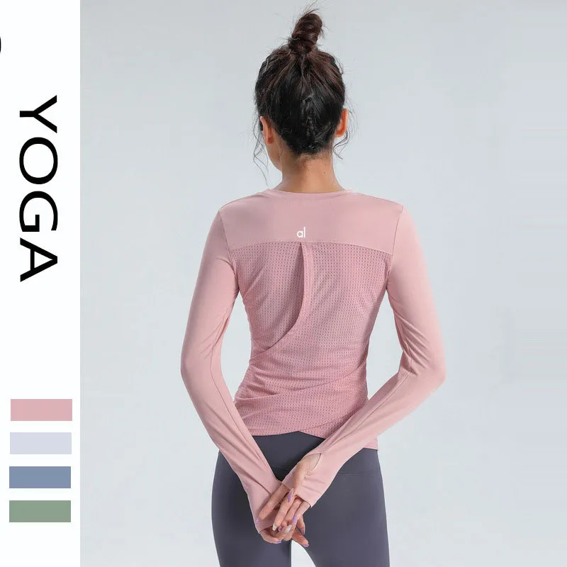 Aktywne koszule Tie Summer Yoga Okoła szyja Długie rękawowe top Tip Paspitting and Szybkie suszenie Sports T-shirt Seksowna i odchudzająca fitness