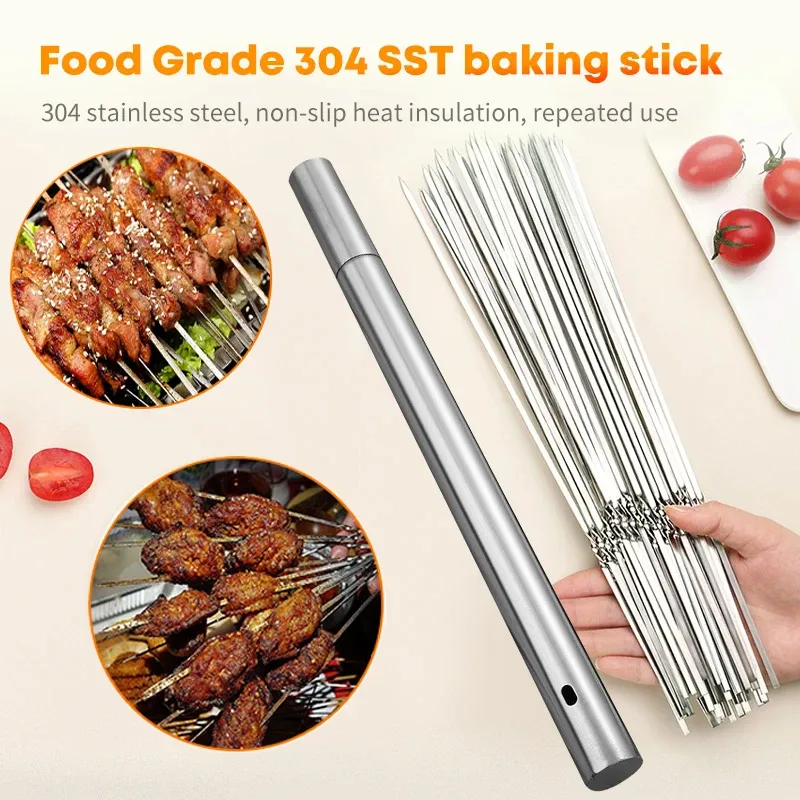 Accessories Stainless Steel Barbecue Skewer Storage Tube Charcoal Grill Skewer Flat BBQ Fork Kitchen Outdoor Camping Accessories Utensils BQ