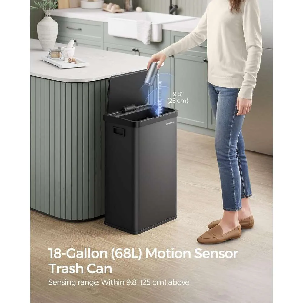 SONGMICS Motion Sensor Trash Can 18-Gallon (68L) - Automatic Kitchen Garbage Can with Stay-Open Lid, Soft Close Stainless Steel, Includes 15 Trash Bags - Ink Black