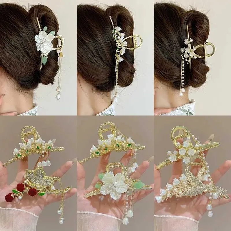 Clipes de cabelo barrettes estilo chinês antigo hanfu flor tassel clipe de cabelo mulheres senhoras elegantes cabelos ligas liga metal clipe acessórios de cabelo 240426