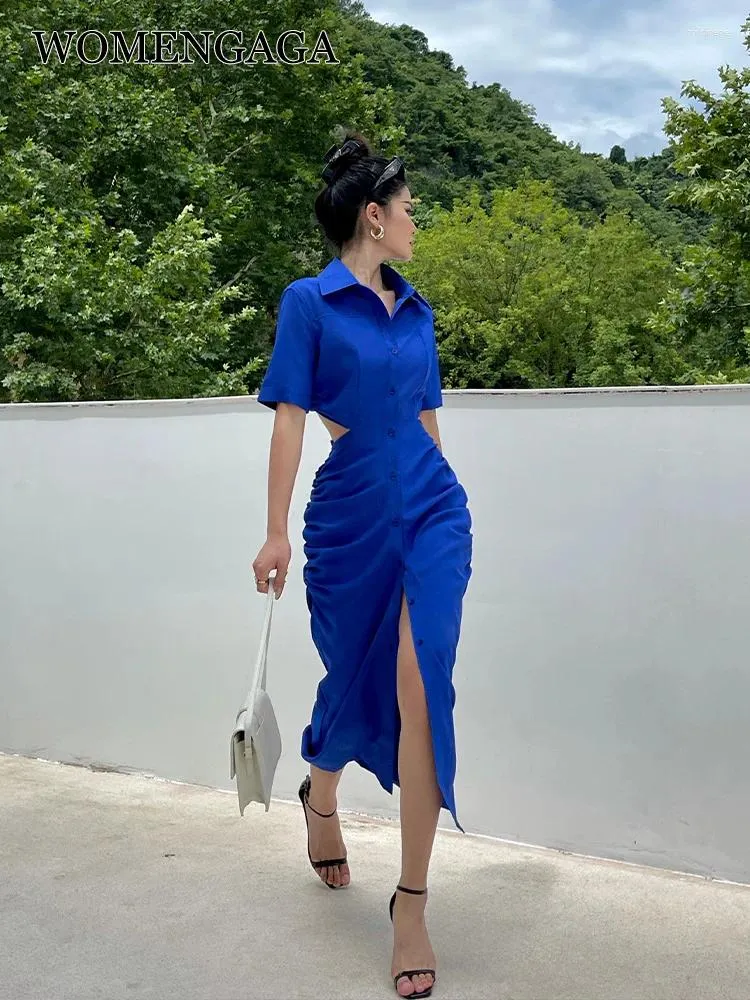 Party Dresses WOMENGAGA Short Sleeve Polo Neck Shirt Dress Elegant Women s 2024 Hollow Out Waist Design Long Korean Sweet 8GNM