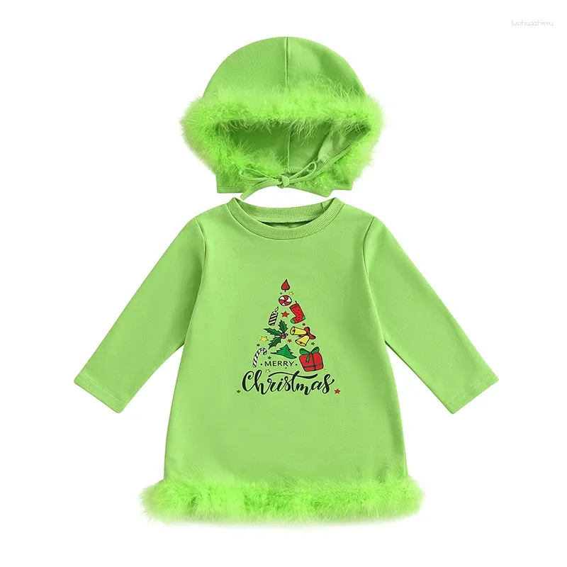 Girl Dresses Pudcoco Toddler Kids Baby Girls Christmas Casual Dress Green Long Sleeve Letter Gift Box Print With Hat