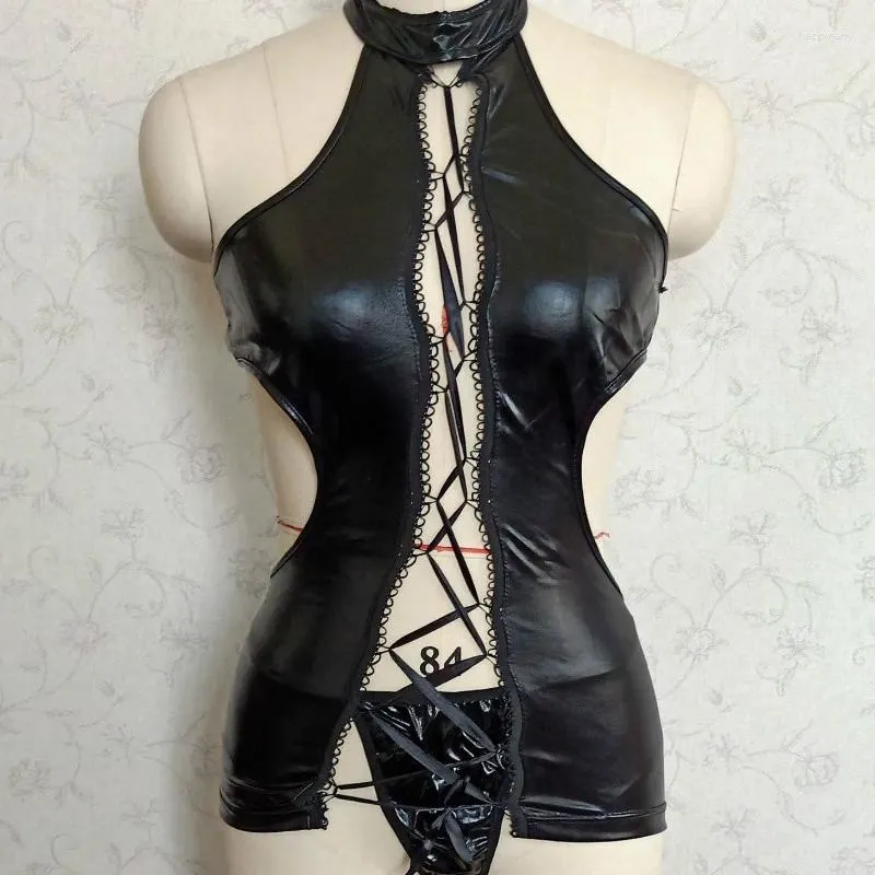 Bras se pondera mulheres Sexy WetLook Leather Lingerie preta Latex de borracha Clubwear