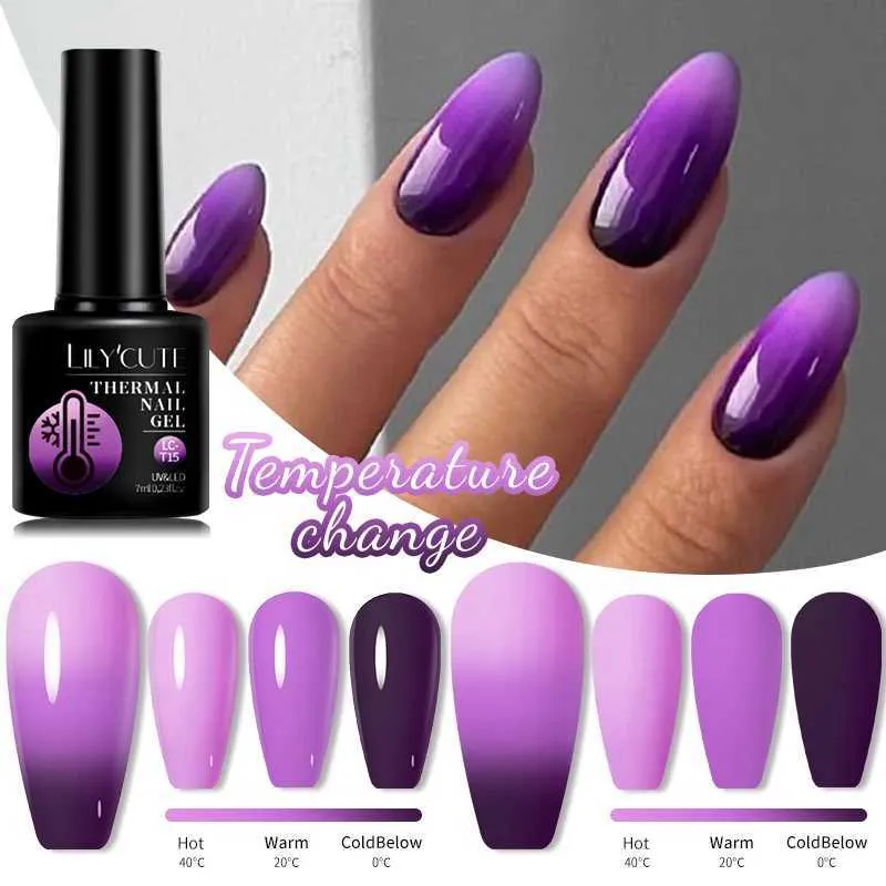 Nagellacklilycute Pink Purple Thermalgel Nagellack 3 Farben Temperaturfarbe Wechseln von UV -Maniküre langlebiges Gelpolier Y240425