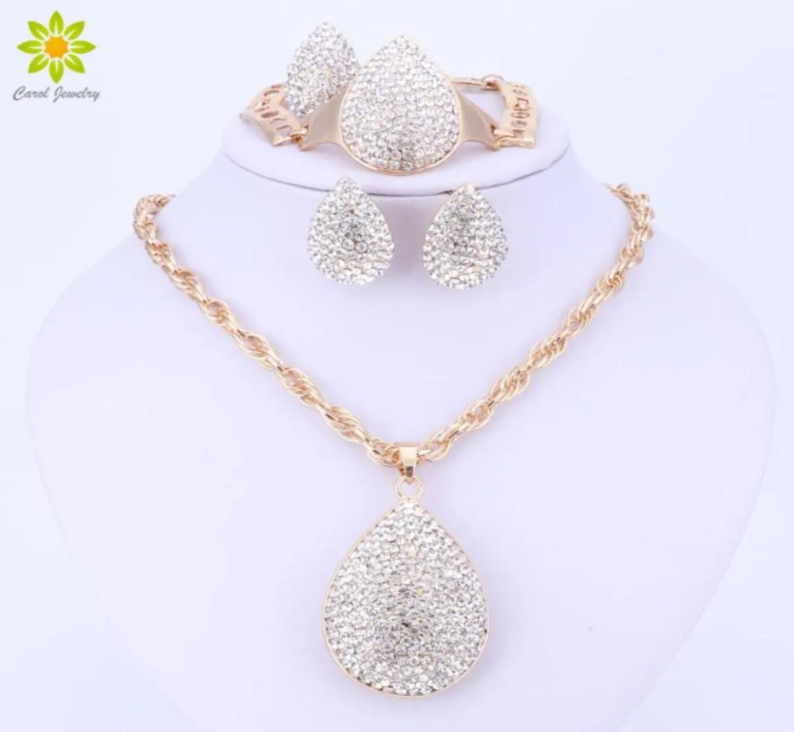 Gold Color Water Drop hangers sieraden kristal mode Dubai kostuum grote sieraden set Nigeriaanse bruiloft Afrikaanse kralen sieraden set4654940573