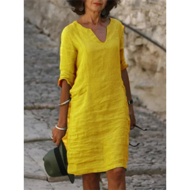 Kleiderkleid 3 Viertel Vintage Casual V Hals Lose Taille Midi Beach Kleid Frauen Kleidung grünblau gelber Robe Polyester