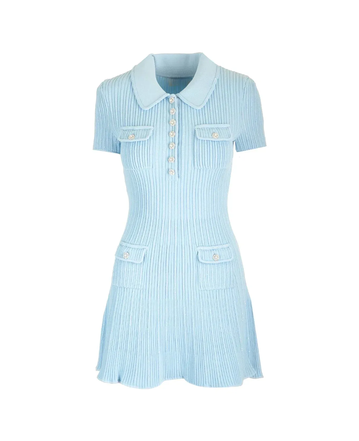 Spring Summer Blue Sequins Pockets mini robe à manches courtes couche à manches couchées tricotées robes décontractées à poitrine W4A264092