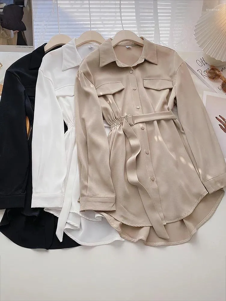 Bluzki damskie Belted koreańska moda długa koszula Kobiety luźne designerskie rękaw Top Cool Blouse Lady Office 2024