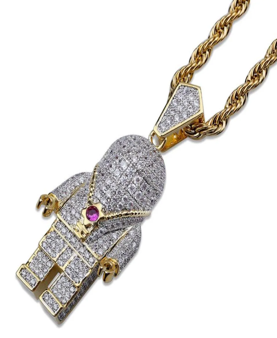 Hip Hop Street Fashion Iced Out Gold Color Plated Spaceman Necklace Micro Pave Zircon Astronaut Pendant Necklace for Men Women4059586