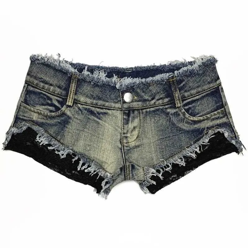 Dames shorts Nieuwe sexy lage taille dames kanten patchwork super denim shorts nachtclub hot pants y240425