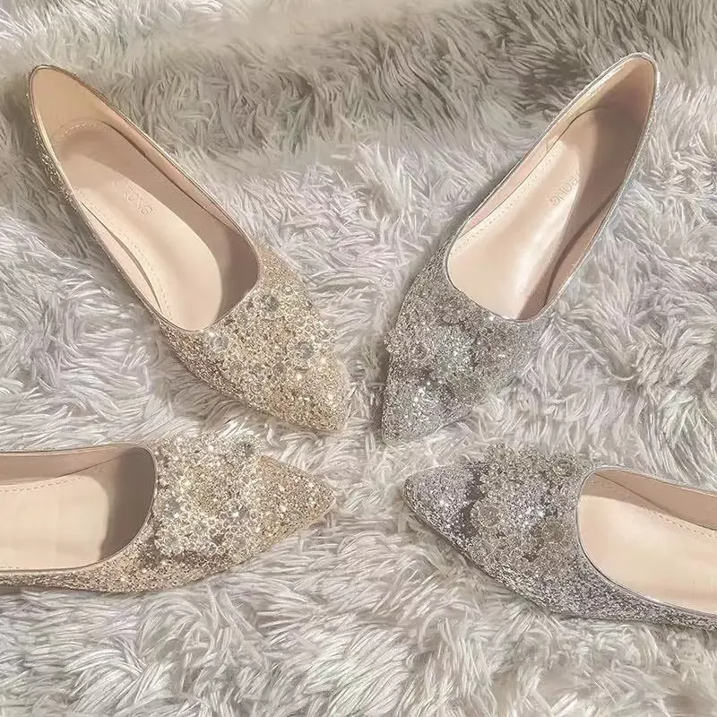 Stövlar Sier blandade färglägenheter Bröllopsskor Kvinnor lyser Slip On Ballerina Shallow Loafers Eleganta brudtärna Balletskor plus storlek