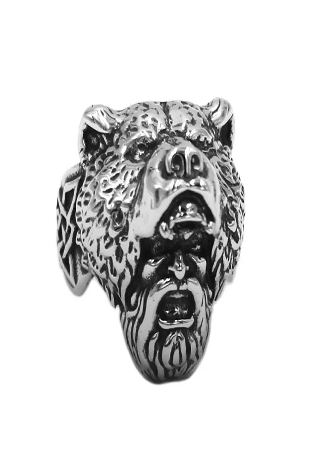 Norse Viking Bear Man Ring Stainless Steel Jewelry Vintage Skull Animal Celtic Knot Biker Men Ring Whole 843B8651283