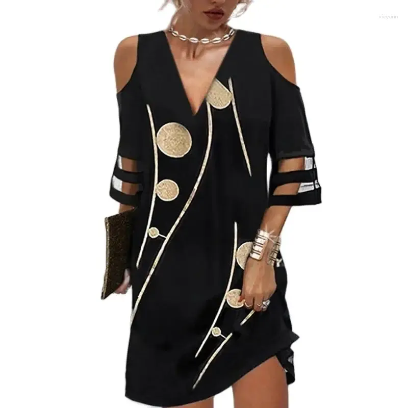 Robes de fête Femmes hors de l'épaule Fashion Mesh Splicing Half Mancheve V Neck Pullover Robe Elegant Print Female Office Commuter Robe de banlieue