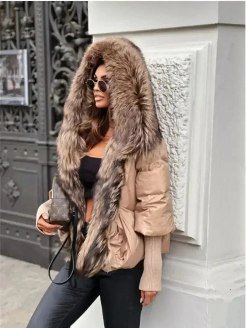 Womens Fox Fur Hooded Puff Jacket With Fur Hood Natural Winter  