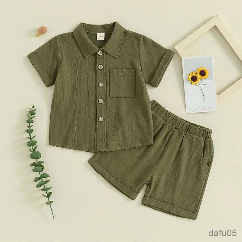 Clothing Sets Toddler Boy Summer Clothes Cotton Linen Outfits Solid Short Sleeve Button Down Shirt Tops with Shorts Set Childrens Clothing