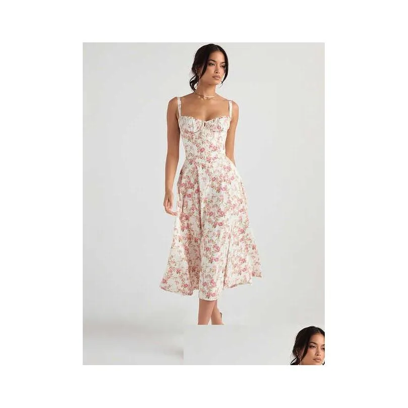 Urbane sexy Kleider elegant Vintage Print Floral Midi Fashion Back Schnüre -up Farm Party Kleid