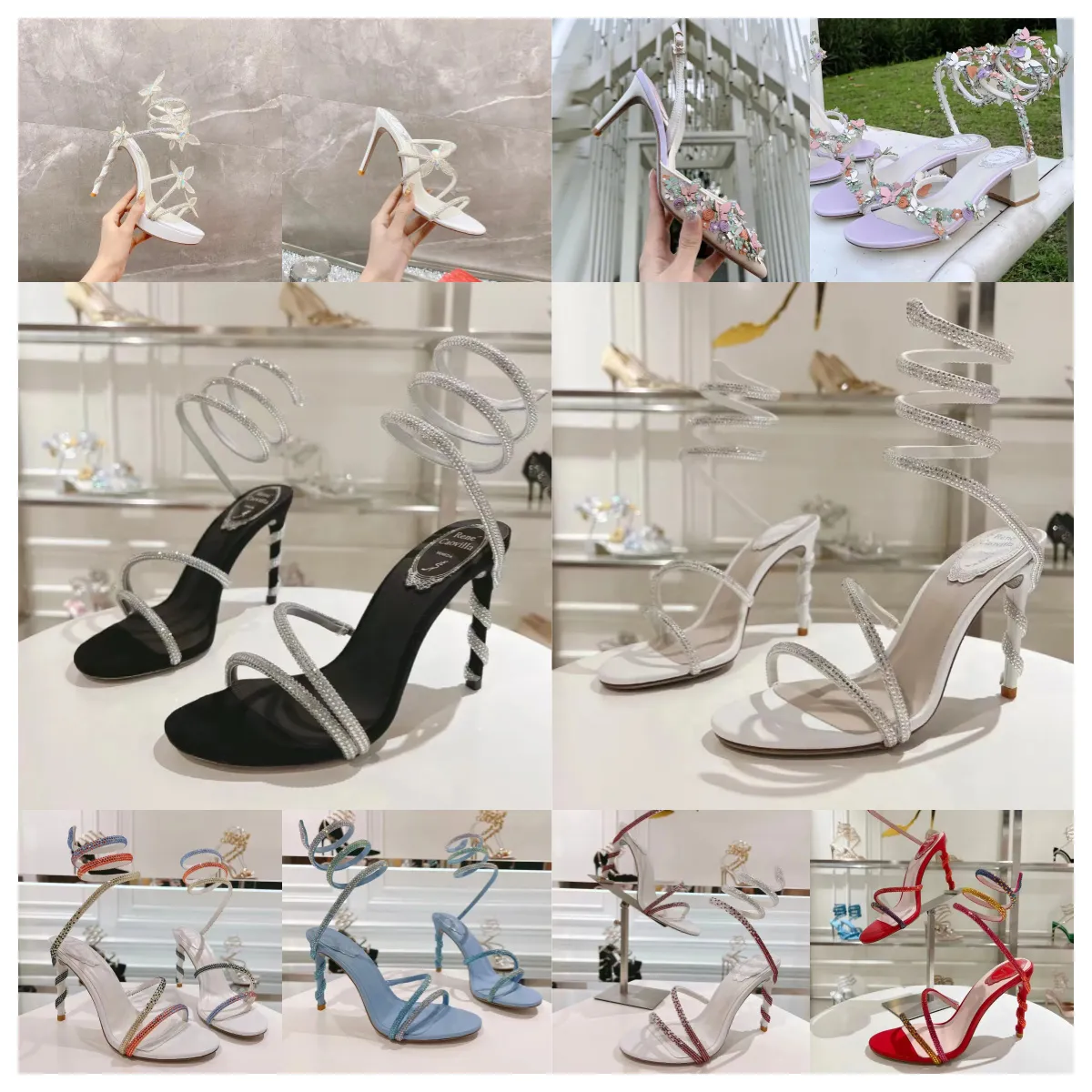 Ny toppdesigner Rene Rhinestones Crystal Butterfly Sandals Stilletto klackar tofflor Slides klack Kvinnor Lyxig svart läder yttersula aftonklänningskor skor skor