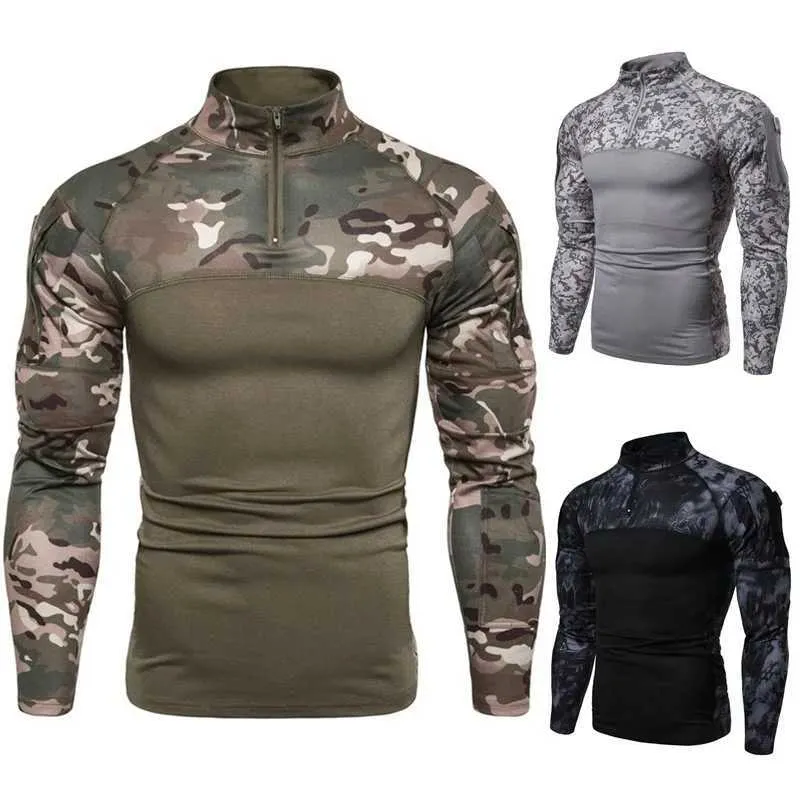 Taktiska T-shirts Mens Tactical Camouflage Långärmad t-shirt utomhus militär t-shirt snabb torkning tight montering mens kläder andningsbara 240426