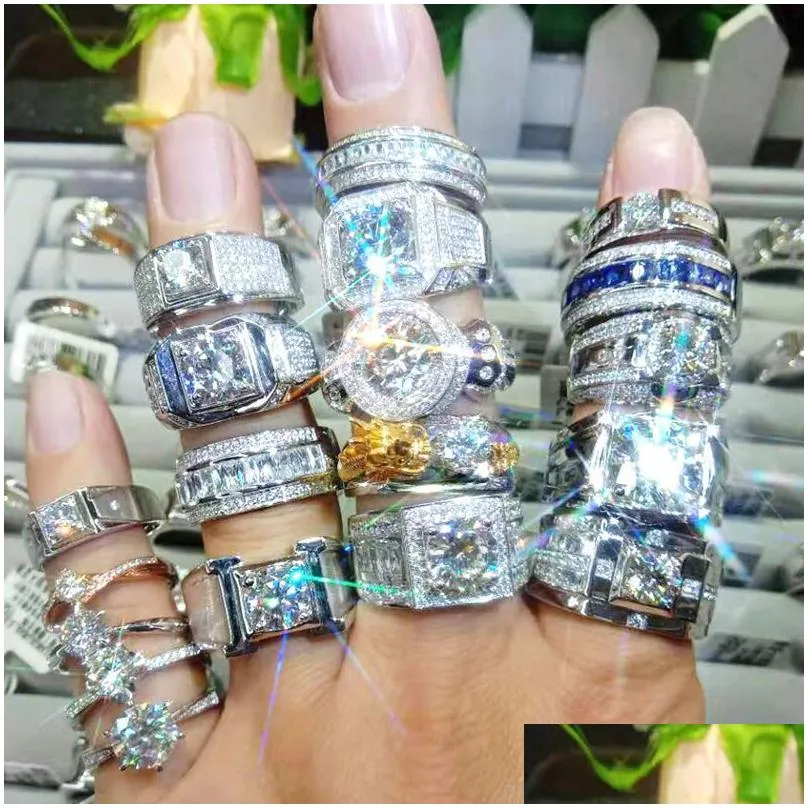 Anneaux de mariage 2021 Bijoux Fashin mâle étincelant 925 Sterling Sier fl Pave White Sapphire CZ Diamond Gemstones GEMMESTER