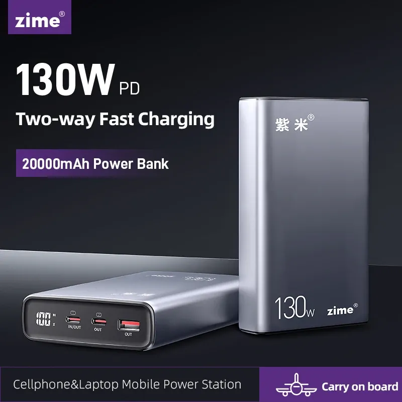 Chargers Zime 130W Power Bank 20000MAH USB Type C PD Fast Charge PowerBank Portable Charger Externe batterij voor laptop MacBook iPhone 15