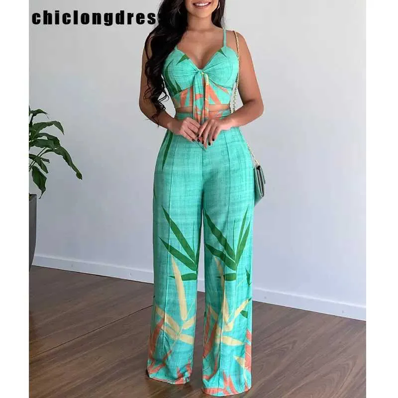 Damen zweisteuelhafte Hosen Sommer Mode zweiteilige Set Women Casual Print V-Ausschnitt Short Weste High Taille Wide Bein Hosen Anzug 2 Stück Set Frauen Y240426