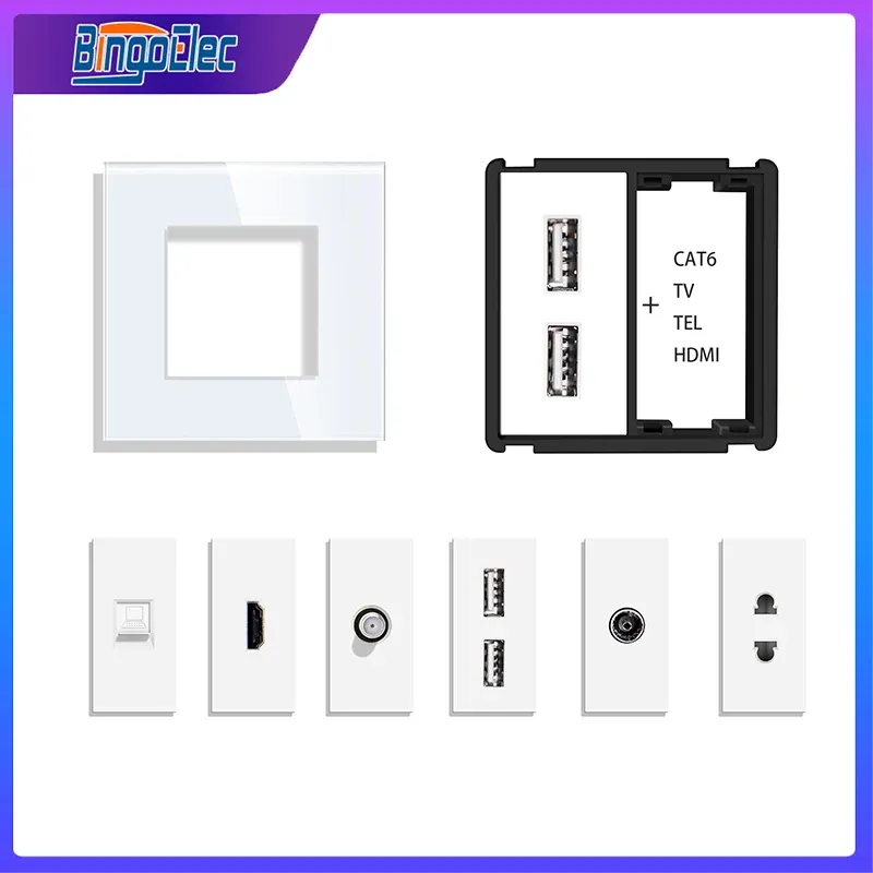 Plugs Bingoelec Wall Eu Focket Brasil French+Satellite TV Cat6 Internet Jack, Modulo fai -da -te Connettore Ottico USB HDMicompatibile