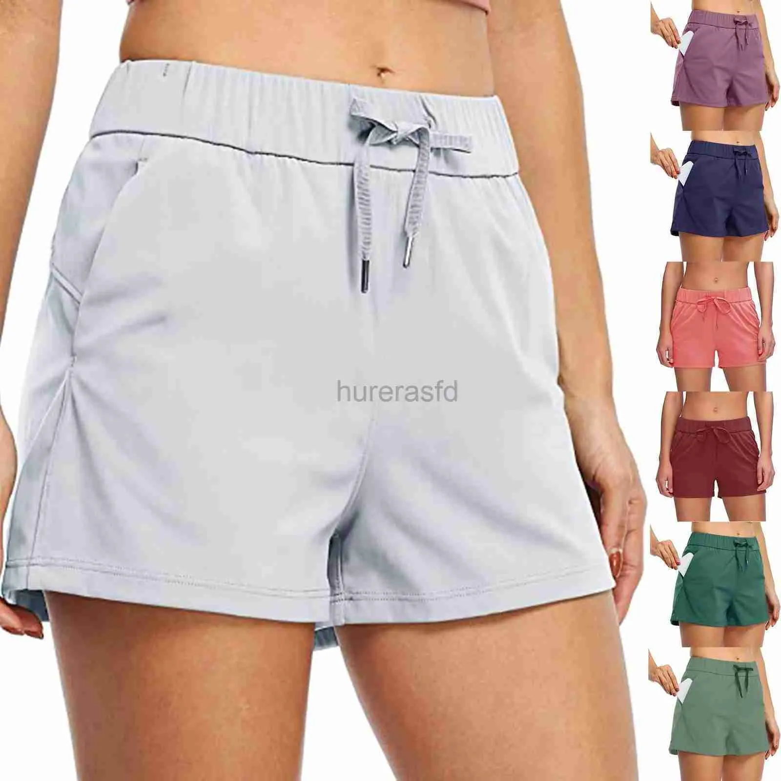 Kvinnors shorts Kvinnor Shorts Drawstring Mid Rise Shorts Summer Casual Sports Solid Color Fick Shorts Yoga Shorts for Women D240426