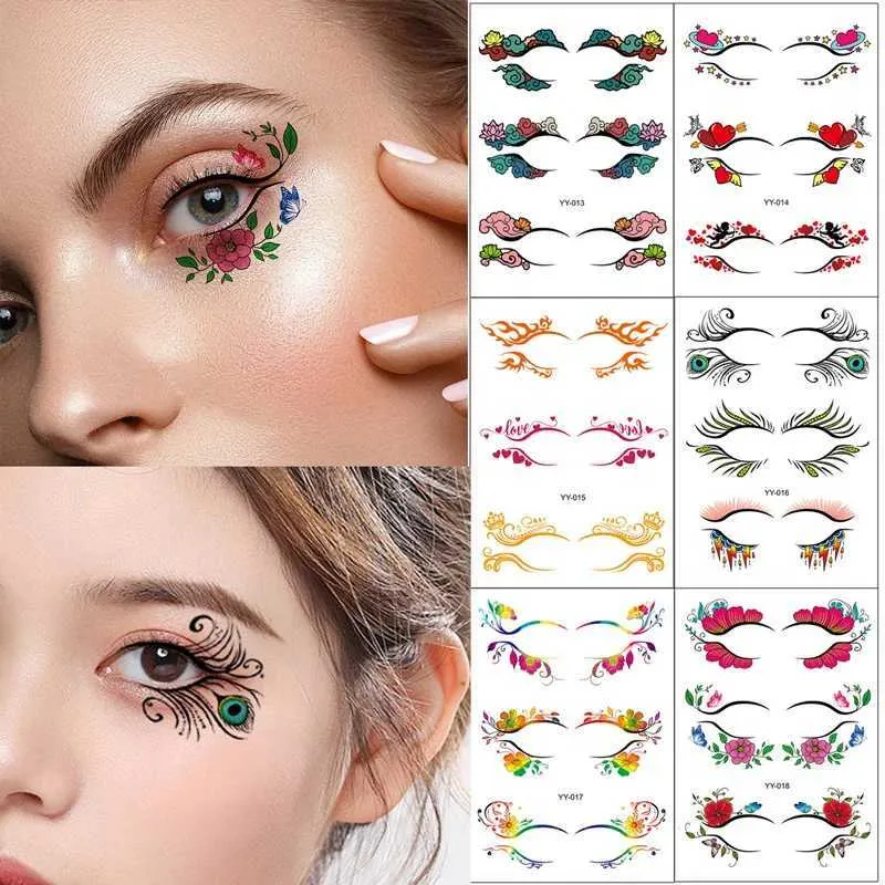 Transfert de tatouage 6pcs / set Flower Eyelles Tattoo Autocollant imperméable Tatouages temporaires pour les yeux Face Makeup For Girls Women Performance sur scène 240426